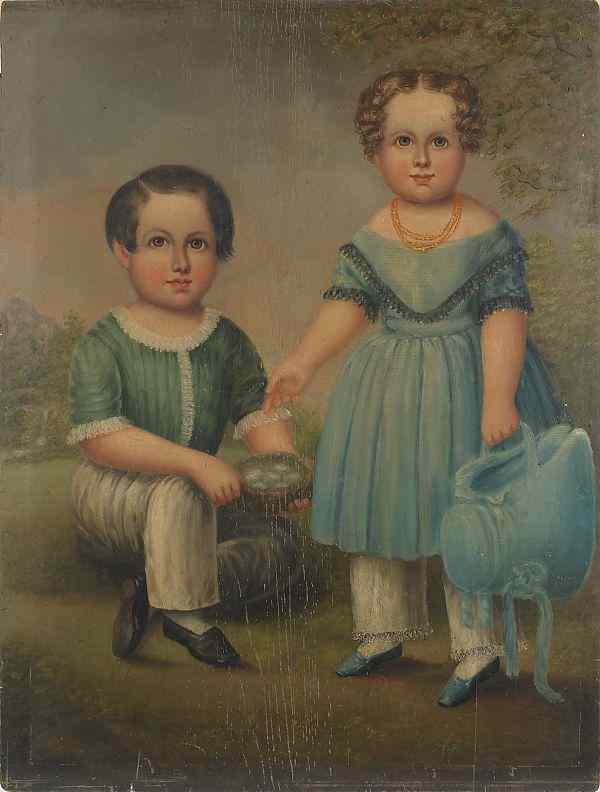 Appraisal: American oil on panel portrait of a boy and girl