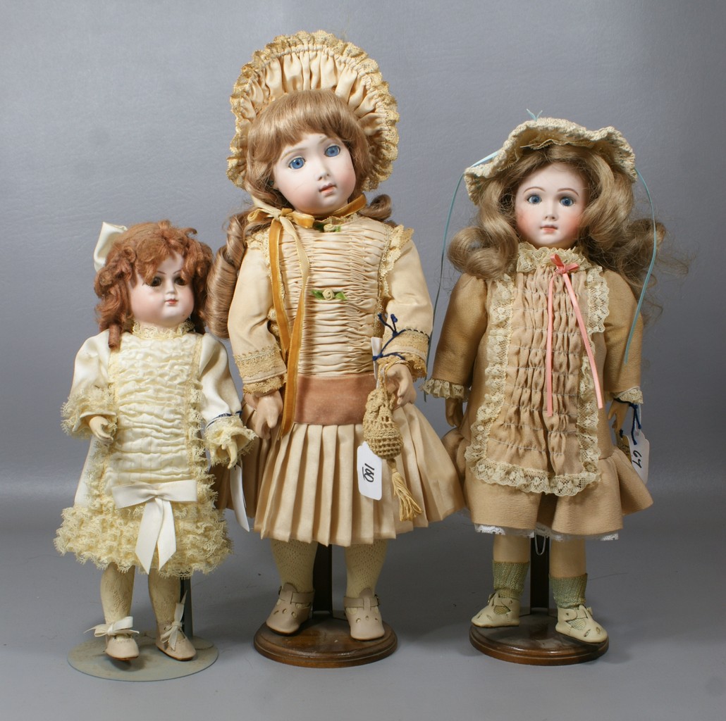 Appraisal: Reproduction French Bisque Dolls largest is a replica of Jumeau