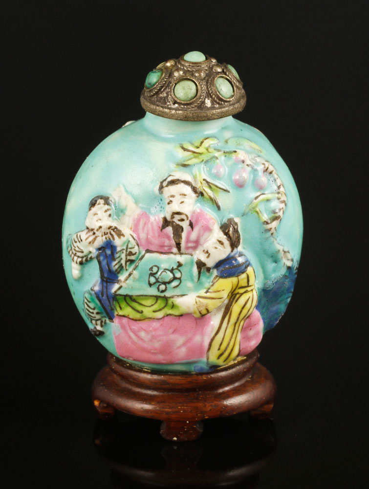 Appraisal: - Chinese th C Famille Rose Snuff Bottle Carved famille