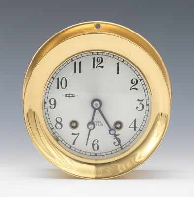 Appraisal: A Chelsea Brass Ship's Clock Bright brass case silver tone