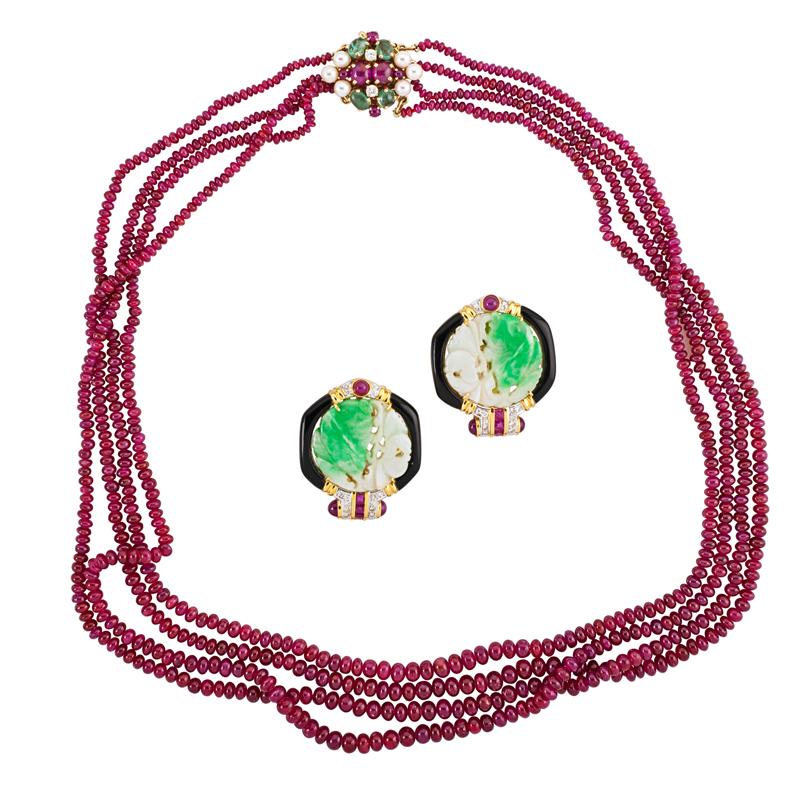 Appraisal: RUBY JADE OR EMERALD ASSEMBLED SUITE Four strand graduated ruby