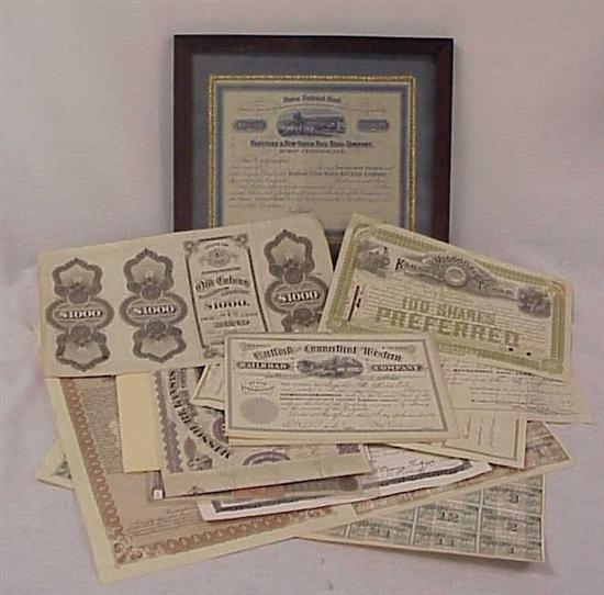 Appraisal: Railroad stock certificates including Boston Providence Old Colony Newport Kansas