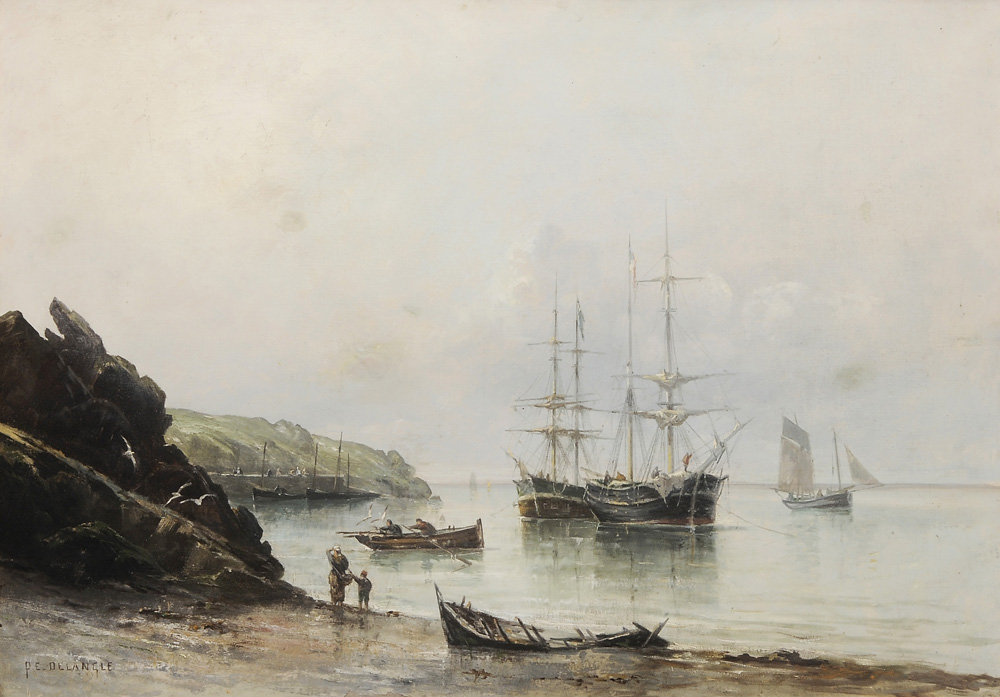 Appraisal: P E DeLangle French th century Coastal Landscape moored fishing