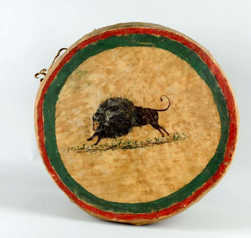 Appraisal: Large Southwest Drum Painted with buffalo on one side Features