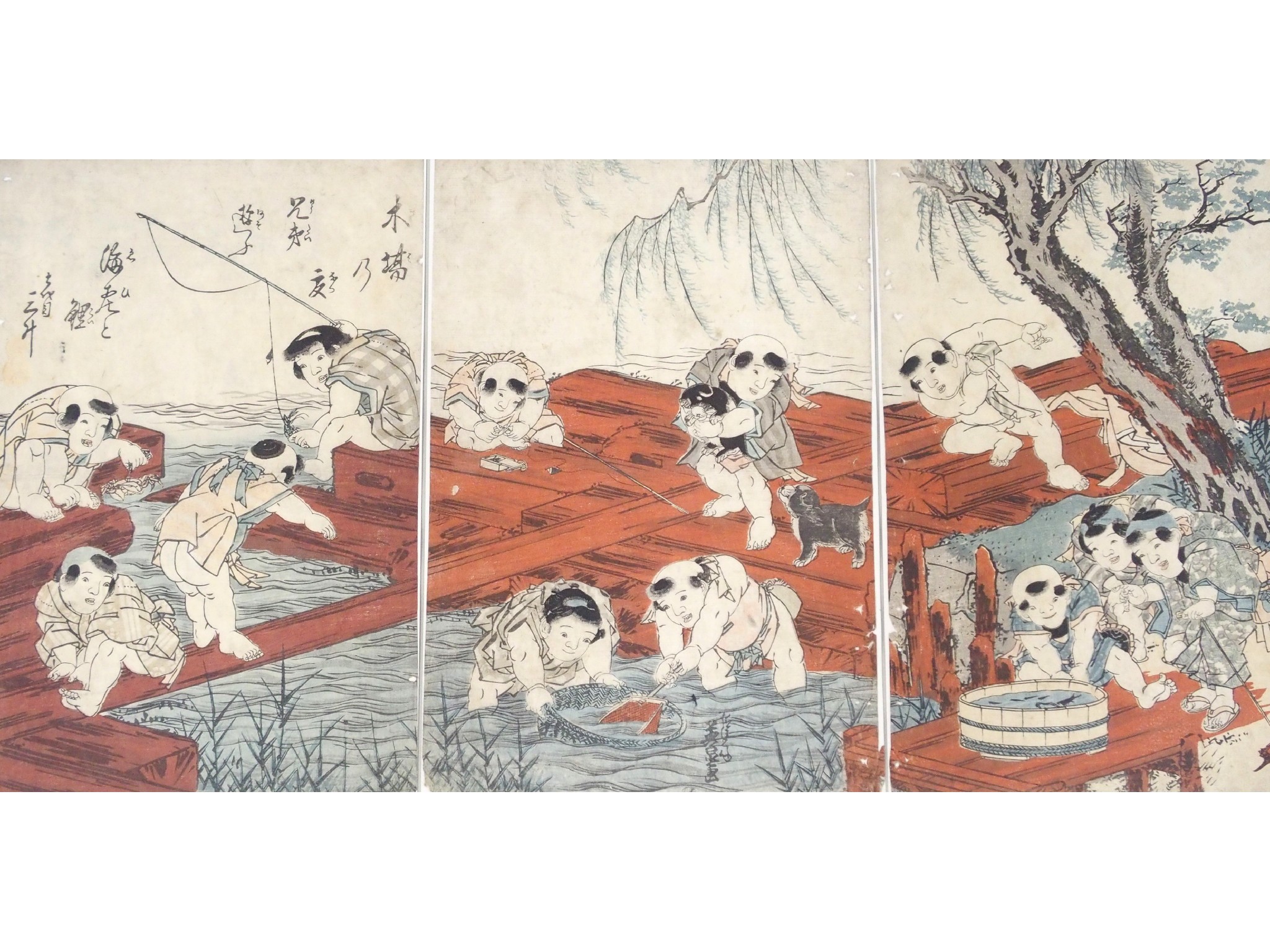 Appraisal: JAPANESE SCHOOL th Century YOUNG BOYS FISHING FROM A PIERTriptych