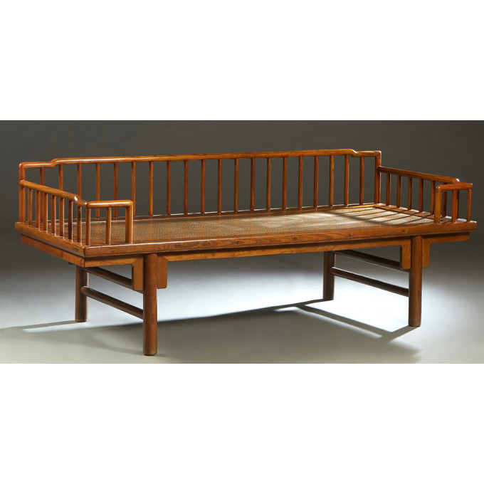 Appraisal: Chinese Carved Elm Daybed th c with three arched spindled