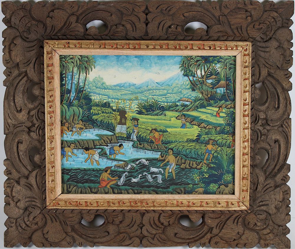 Appraisal: Vintage Indonesian Painting in Carved Frame Vintage Indonesian Painting in