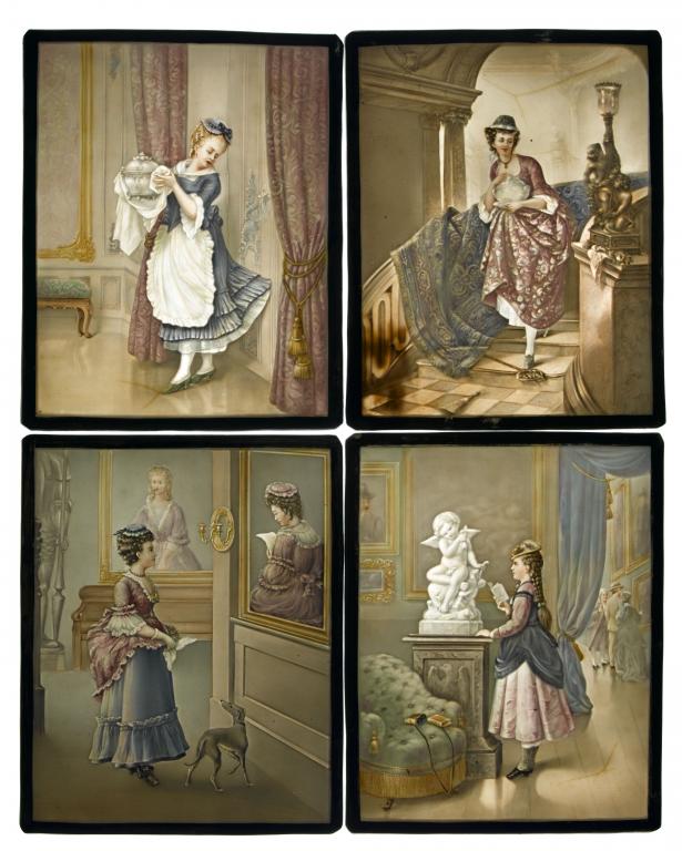 Appraisal: A SET OF FOUR PLAUE POLYCHROME LITHOPANES of young women