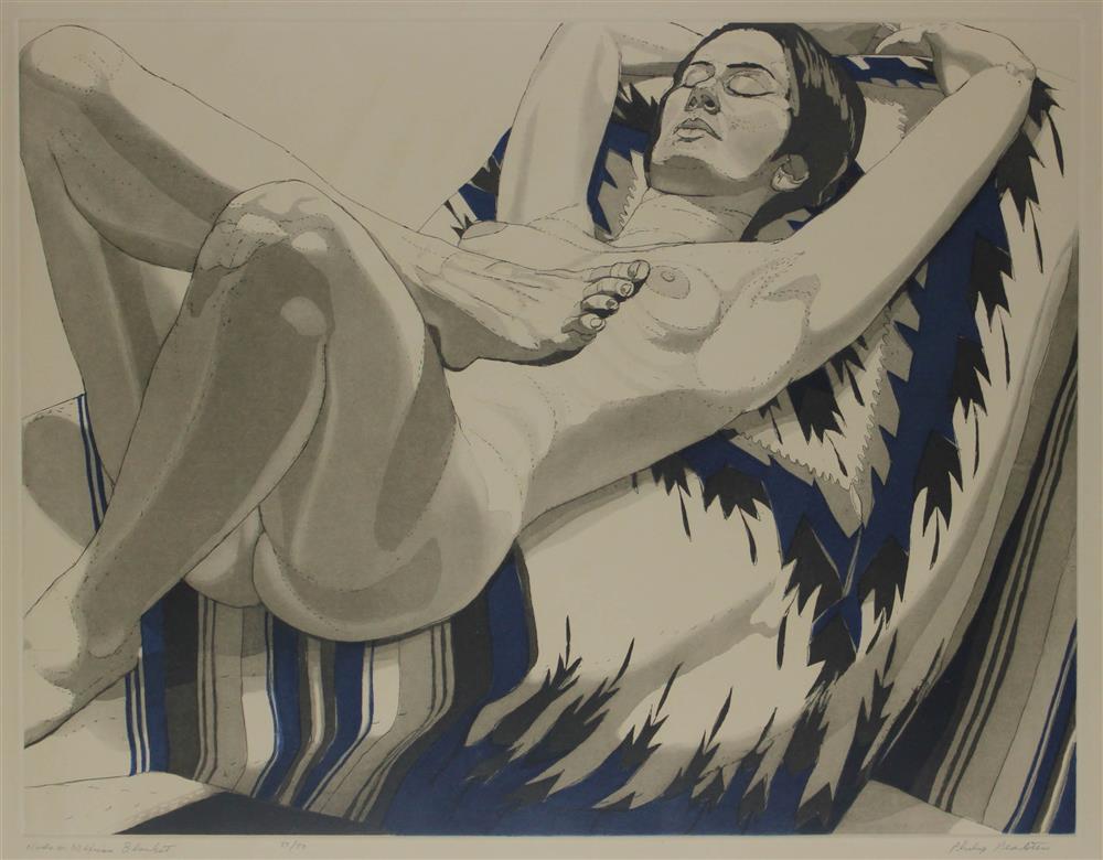 Appraisal: PHILIP PEARLSTEIN AMERICAN b NUDE ON MEXICAN BLANKET Color etching