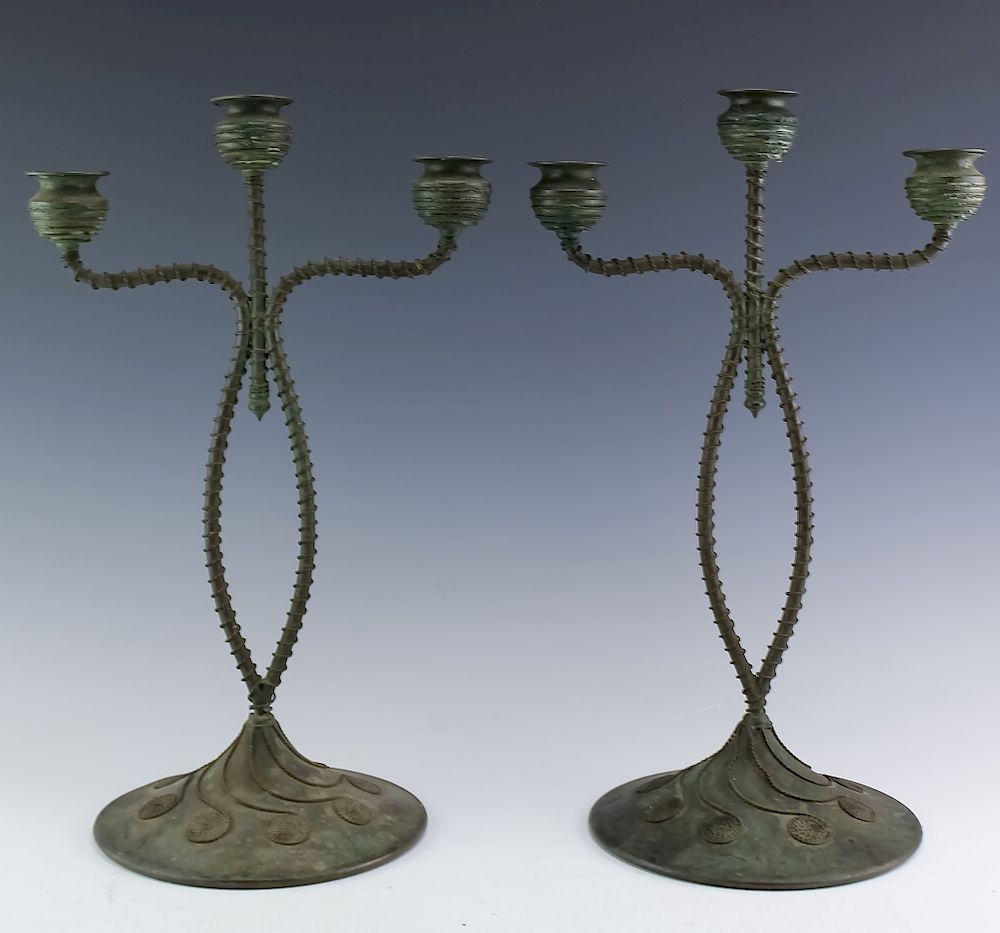 Appraisal: Pair Riviere Studios Patinated Bronze Candelabras Early th century Riviere