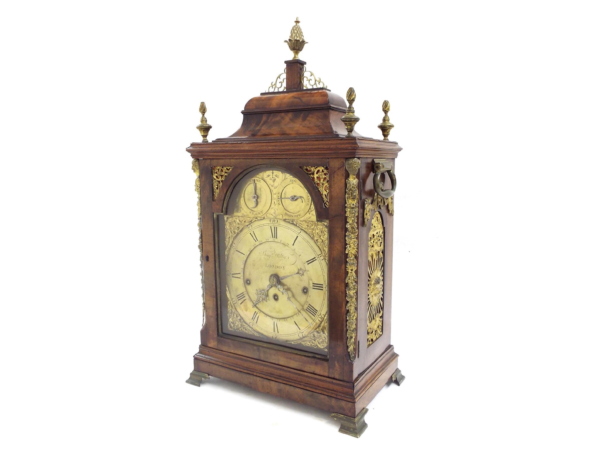 Appraisal: Fine English flame mahogany triple fusee musical verge bracket clock