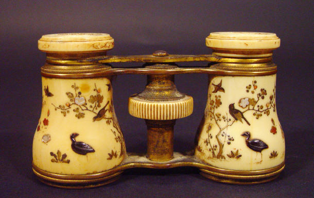 Appraisal: Pair of Oriental Shibayama brass and ivoryopera glasses inlaid with