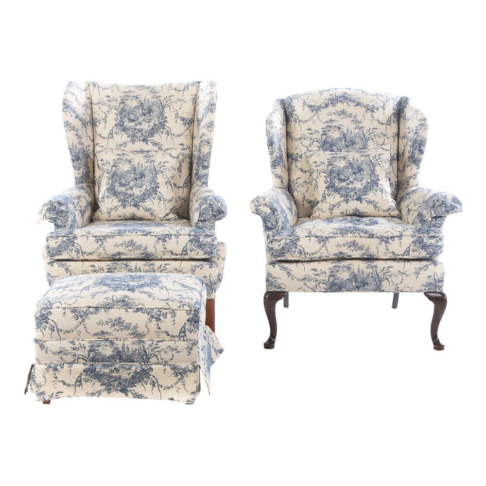 Appraisal: Two Chippendale Style Upholstered Chairs Ottoman Blue chicken and floral