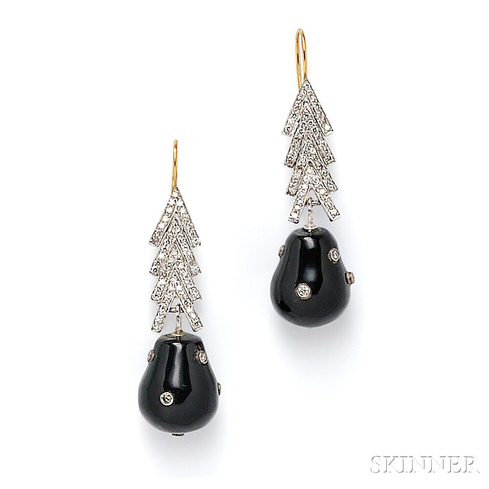 Appraisal: Onyx and Diamond Earpendants each onyx drop with mounted with