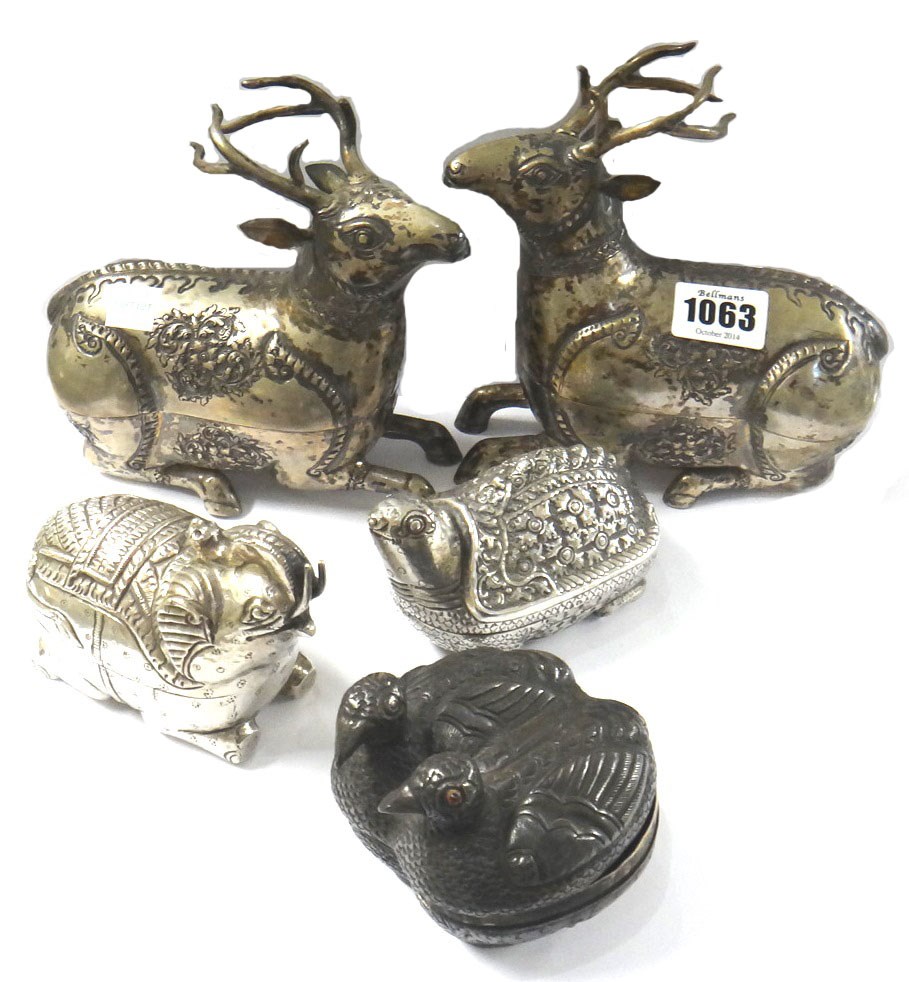 Appraisal: A group of five Eastern boxes designed as animals comprising