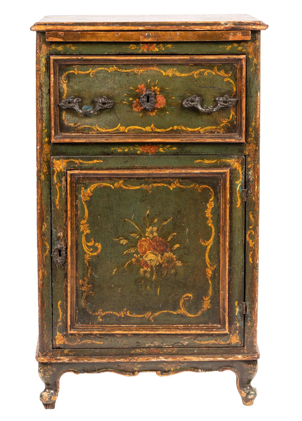 Appraisal: VENETIAN ROCOCO PAINTED WOOD CABINEThaving a drawer over a door