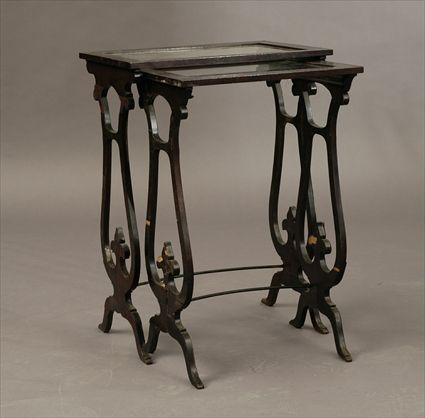 Appraisal: Two Regency-Style Floral Painted Mahogany Veneer Nesting Tables to x