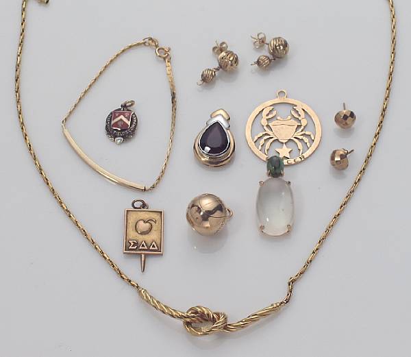 Appraisal: A collection of gold and stone jewelry including one necklace