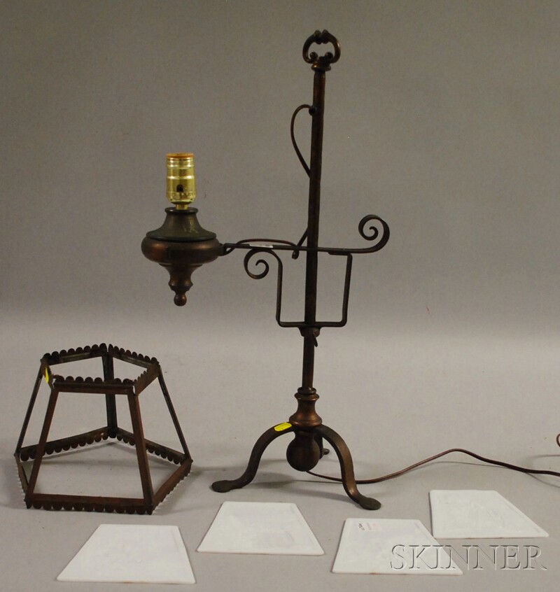 Appraisal: Wrought Iron Table Lamp with a Scenic Four-panel Lithophane Shade