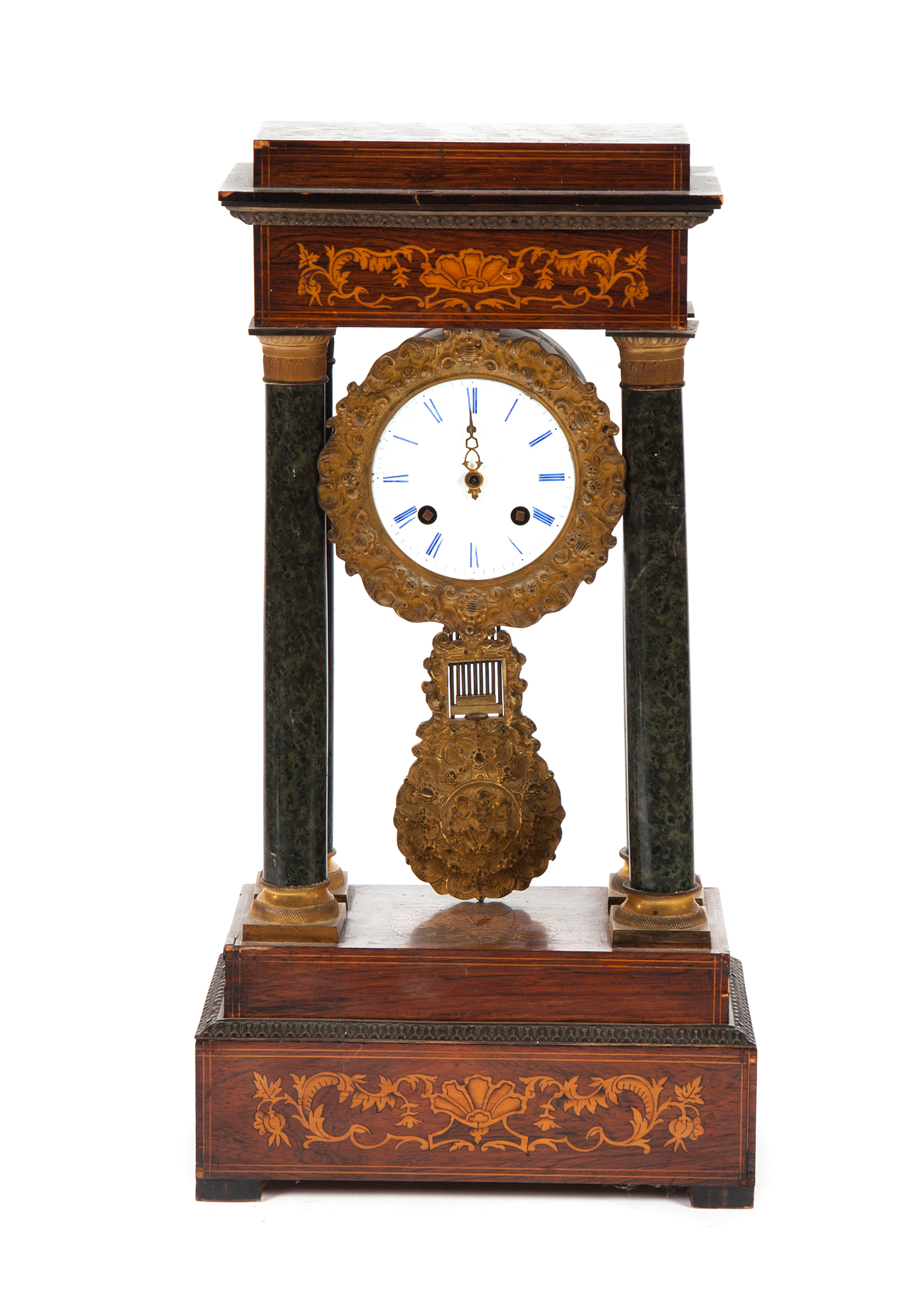 Appraisal: INLAID PORTICO CLOCK Possibly France nd half- th century mahogany