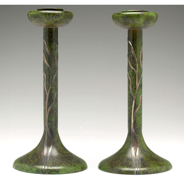 Appraisal: Heintz candlesticks pair sterling on bronze applied grass design original