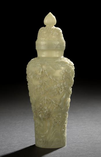 Appraisal: Chinese Carved Celadon-Colored Jade Covered Vase late th century of