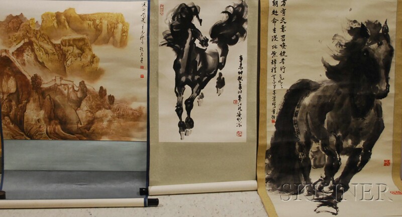 Appraisal: Six Modern Asian Export Scrolls Depicting Various Subjects