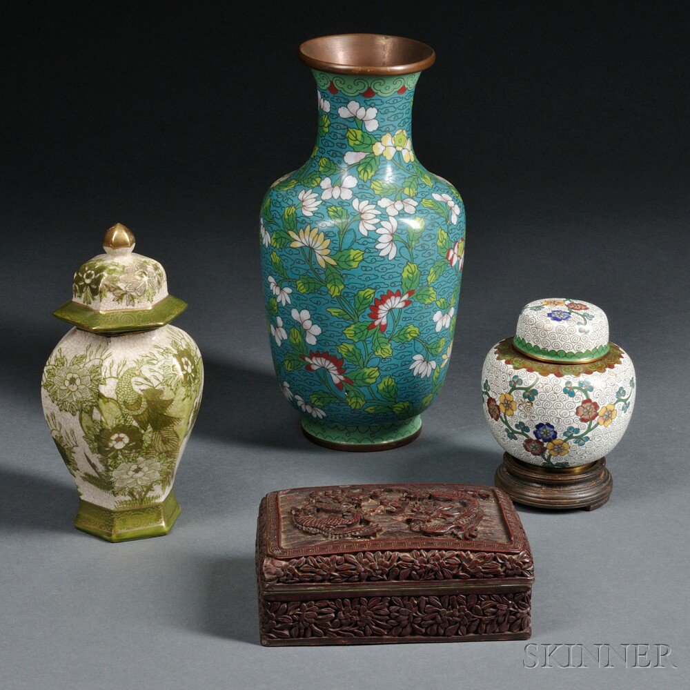 Appraisal: Four Chinese Decorative Articles carved lacquer box cloisonne vase closionne