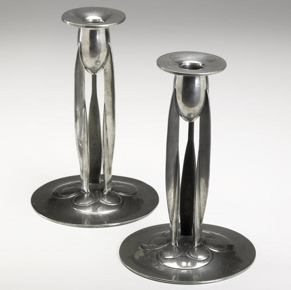 Appraisal: ARCHIBALD KNOXLIBERTY Co Pair of Tudric pewter candlesticksOne stamped H