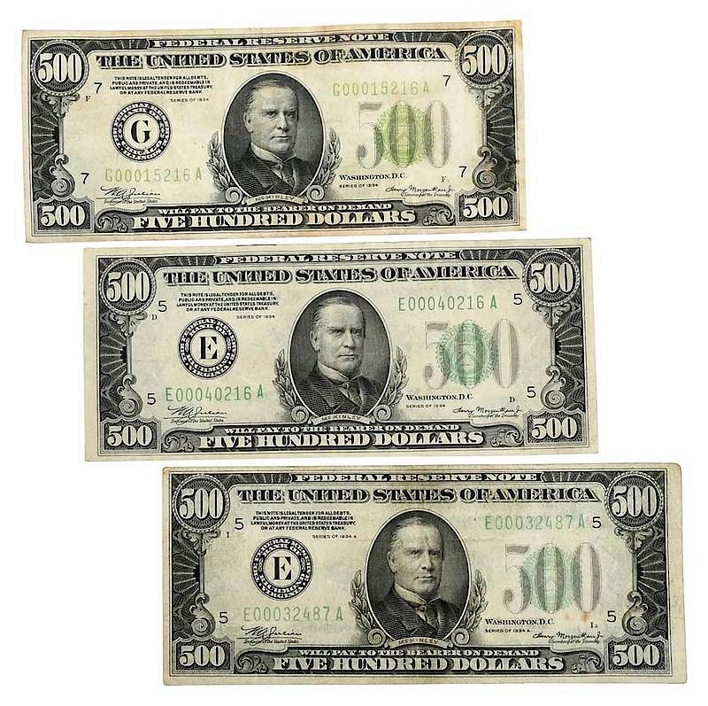 Appraisal: Three Dollar Federal Reserve Notes popular high-denomination notes two are