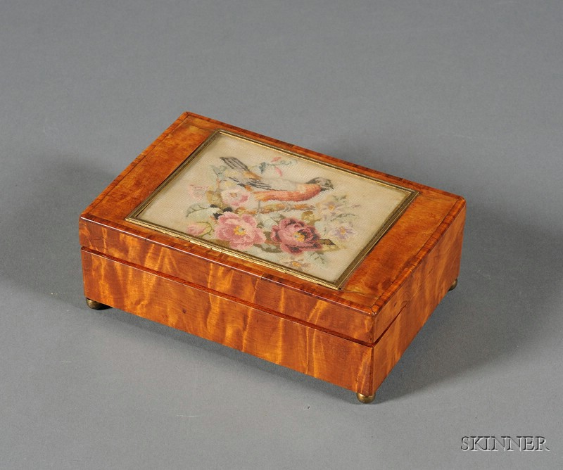 Appraisal: Small Swiss Satinwood Music Box with Petit Point Panel early