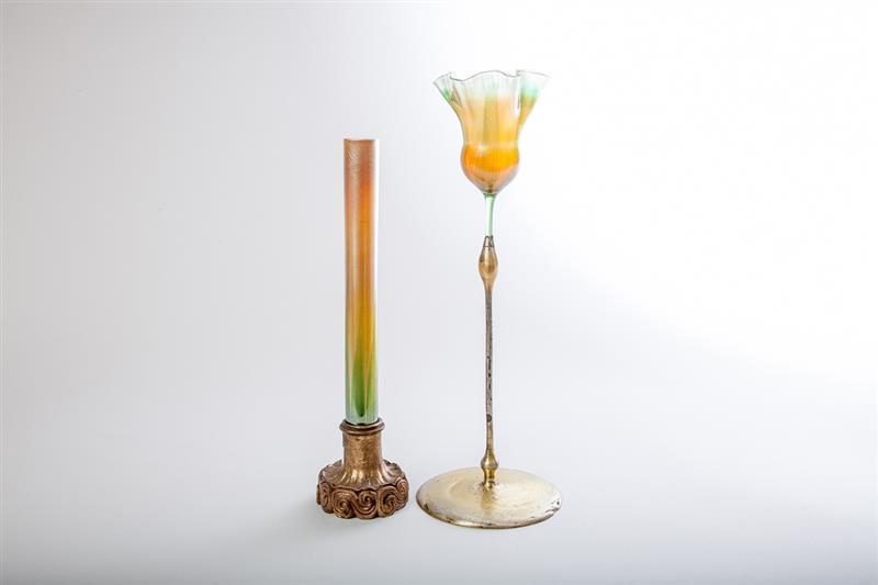 Appraisal: Two Tiffany Studios Gilt Bronze Stands with Tiffany Favrile Glass