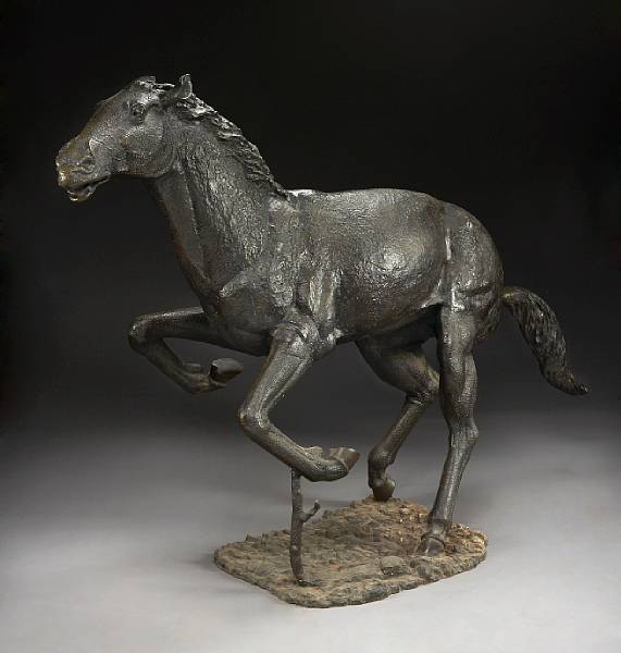 Appraisal: A patinated bronze figure of a stallion The magnificent beast