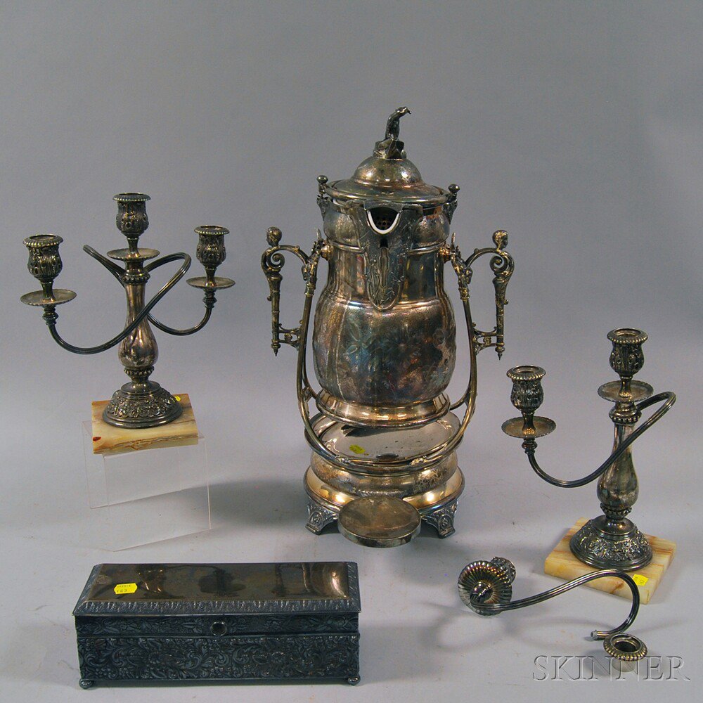 Appraisal: Four Silver-plated Items a pair of candelabra on hardstone base