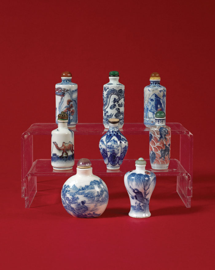 Appraisal: FIVE CHINESE UNDERGLAZE-RED AND BLUE PORCELAIN SNUFF BOTTLES AND THREE