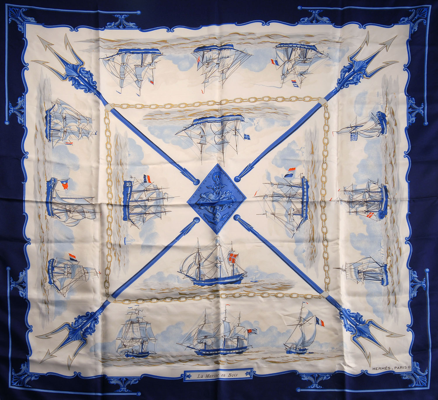 Appraisal: HERM S SILK SCARF La Marine en Bois Four quadrants