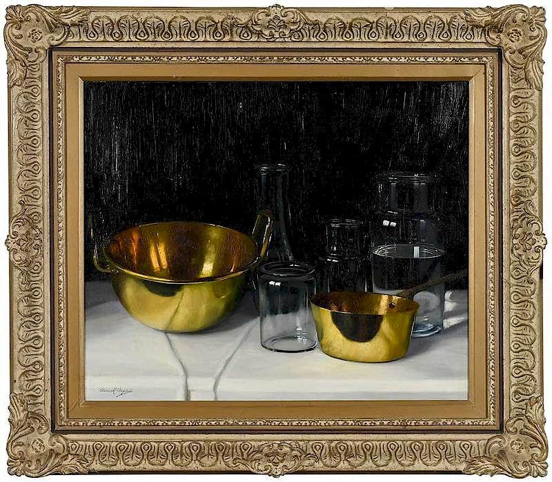 Appraisal: Arpad Romek Hungarian Brass and Glass Still Life signed lower