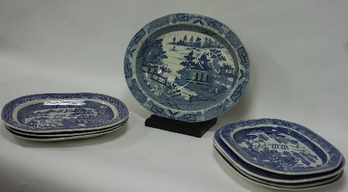 Appraisal: A Staffordshire blue and white carving dish Chinese pavilion pattern