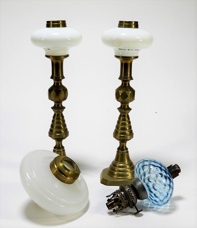 Appraisal: PC C Brass Clam Broth Glass Peg Lamps United States