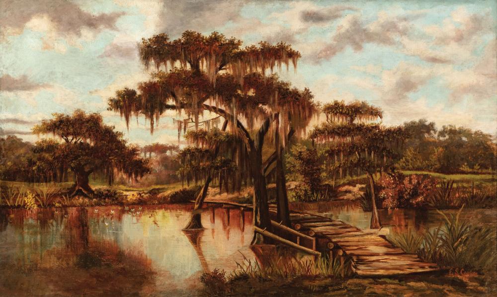 Appraisal: Louisiana School th c Bayou oil on canvas signed E