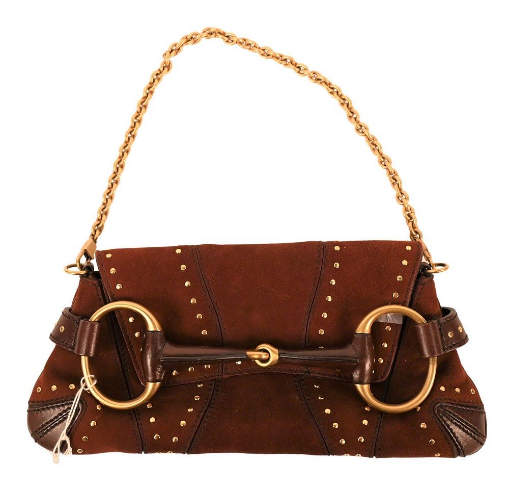 Appraisal: Gucci Brown Suede Horsebit Shoulder Bag having brown leather lined