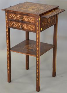 Appraisal: Marquetry inlaid mahogany two drawer stand with pull out slide