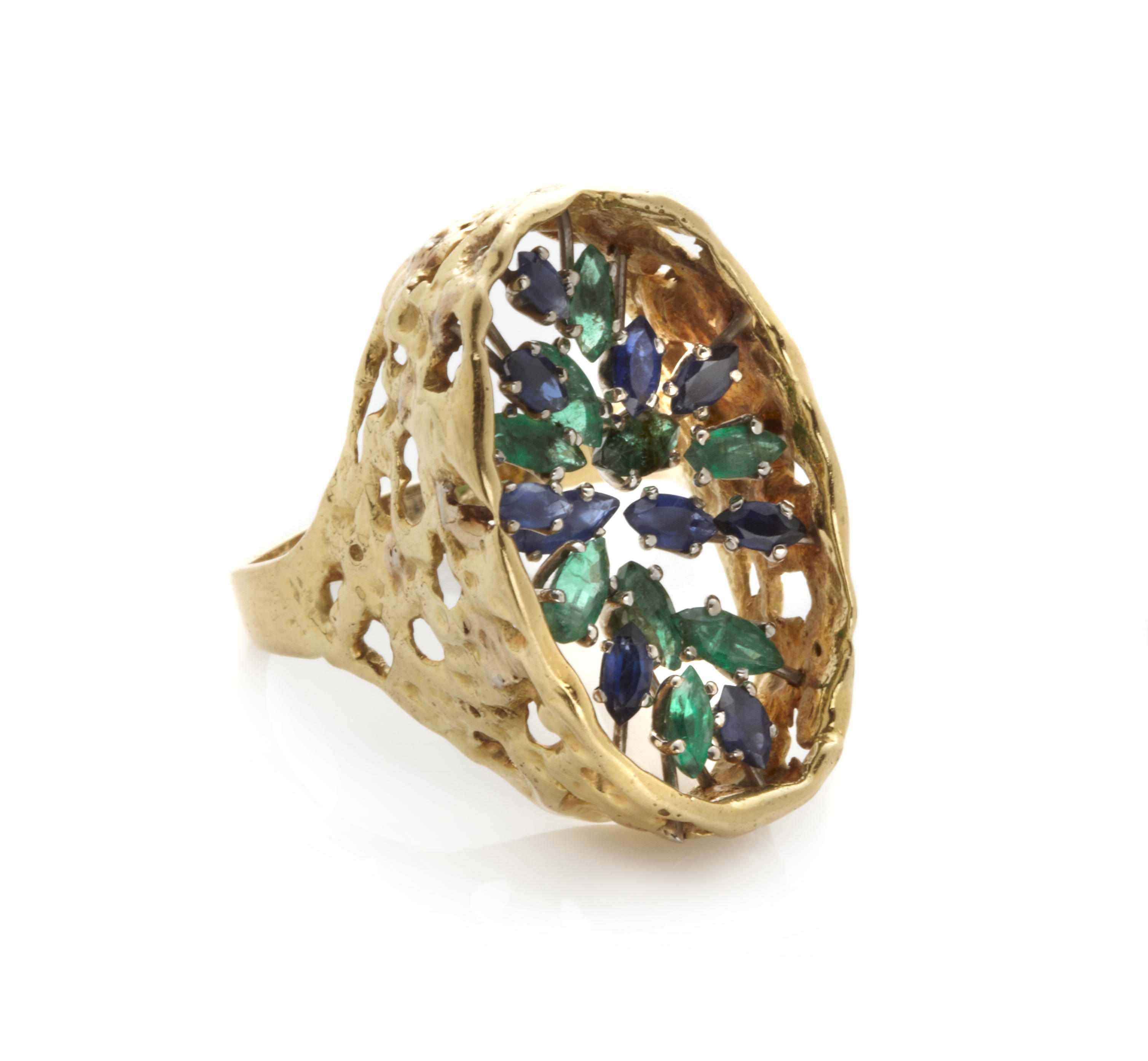 Appraisal: A sapphire emerald and gold open work ring size