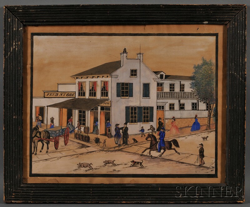 Appraisal: American School th Century Street Scene Unsigned Watercolor and gouache