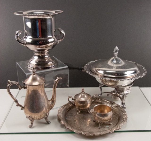 Appraisal: Silverplate Tea Set Wine Bucket and Chafing Dish To include