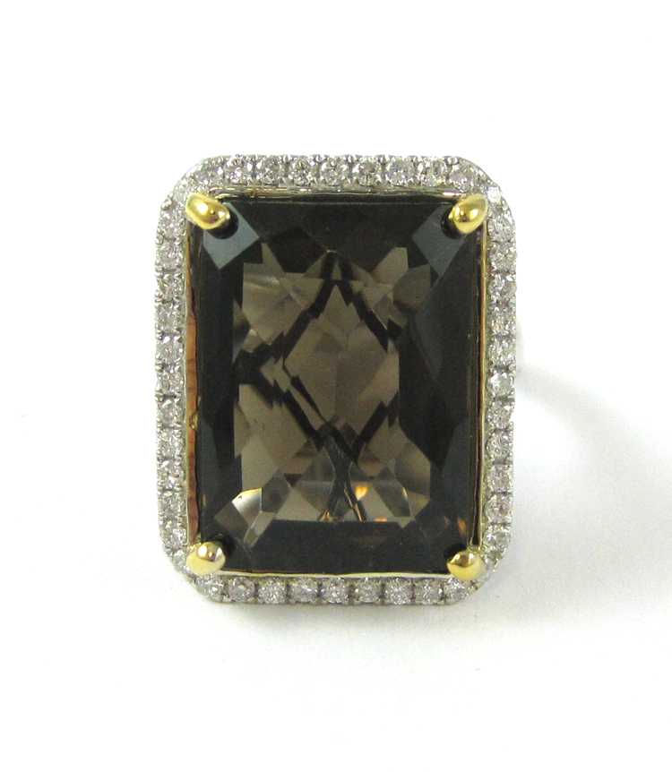 Appraisal: SMOKY QUARTZ DIAMOND AND FOURTEEN KARAT GOLD RING The white