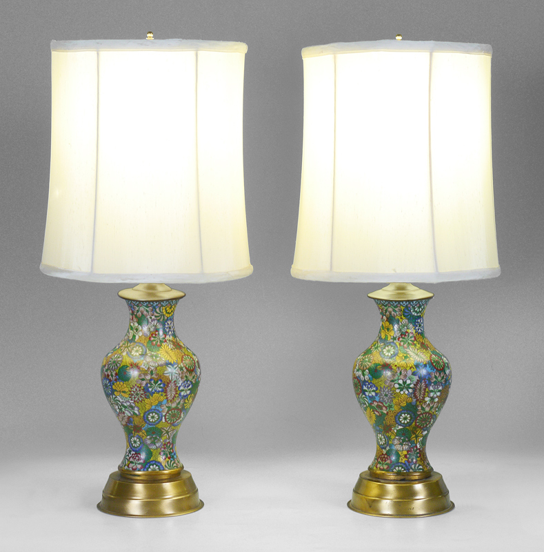 Appraisal: PAIR ORIENTAL CLOISONNE LAMPS Floral motif cloisonne bodies on brass