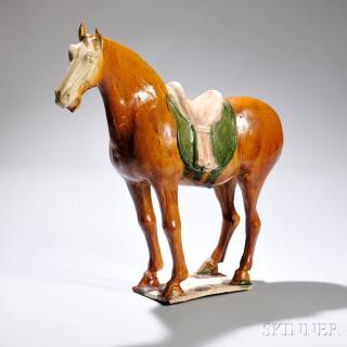 Appraisal: Sancai-glazed Caparisoned Horse Sancai-glazed Caparisoned Horse China Tang dynasty standing