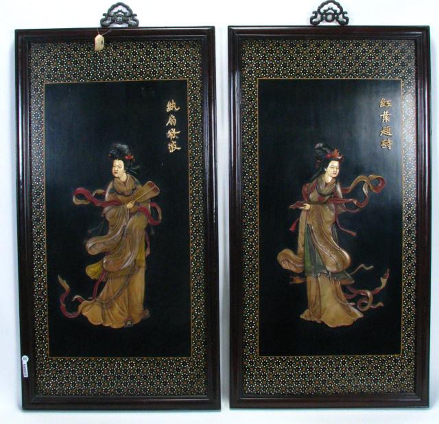 Appraisal: Pair of Carved Enameled Japanese Wall Hangings depicting women in