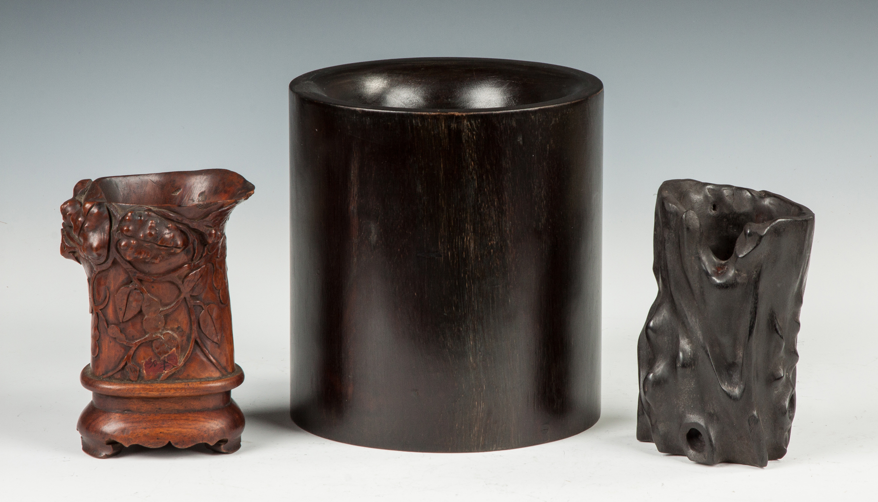 Appraisal: Three Chinese Brush Pots L to R Carved leaves Cylinder